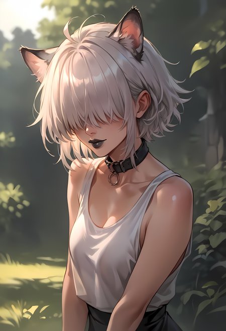 zPDXL, hi res
BREAK 1girl, catgirl, white hair, messy hair, hair covering eyes, hair over eyes, black lipstick, outside, sunlight, playing, joy, collar, 
<lora:scoreSlider_ponyXL_v10:1> <lora:polki_ponyXL_v10:0.8>
