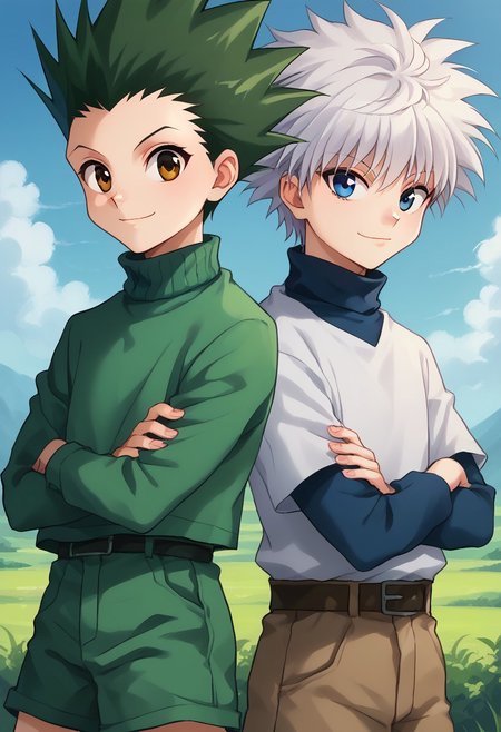 score_9, score_8_up, score_7_up, source_anime, highly detailed, 2boys
gonfreecs, 1boy, male focus, green hair, spiked hair, shorts, smile, upper body, brown eyes,  belt, looking at viewer, jacket, green jacket,
killuazoldick, 1boy, male focus, shorts, white hair, blue eyes, shirt, long sleeves, layered sleeves, spiked hair, short over long sleeves, short hair, short sleeves, bangs, turtleneck, blue shirt, grey shirt,
outdoor, sky, smile, back-to-back, crossed arms, looking at viewer,