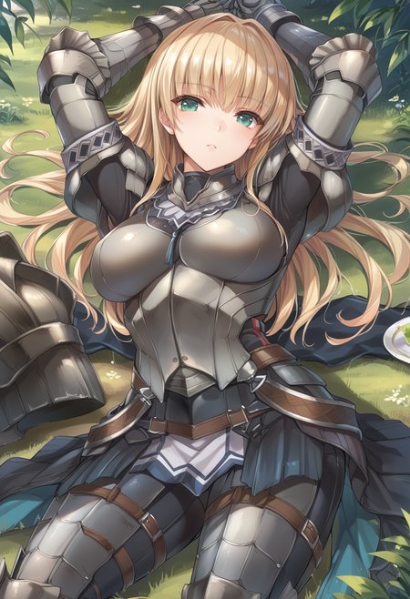 (score_9:0.9),score_8_up,score_7_up,rating_safe,anime style,(zPDXL),(zPDXL3),<lora:Kushala Armor ponyXL v1:0.7>,kushala armor,1girl,solo,long hair,blonde hair,large breasts,looking at viewer,silver shoulder armor,silver breastplate,silver armored gauntlets,kushala girl,green eyes,forest, silver armored boots,lying,arms up,