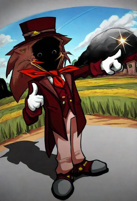(((pointing at viewer))), (((Charcoal color palette))),  diffraction spikes, GekidoEXE, 1man, well-dressed hedgehog, ominous obscured face showing only smile, bright red ring eyes, dark reddish fancy suit, bright red tie, top hat, light red pants, dark red shoes with gray and gold accents, horror, solo,  
shadow, full body, looking at viewer, one hand down, arm down, crooked body posture, 
zoomed foreground perspective view, dynamic angle, focus finger, gaussian blur, field of view, rainbow ambient occlusion, refraction across screen, blue cracked sky, cute yellow drawing sun, fake drawing houses, rainbow, black cracks in sky, fake drawing clouds,