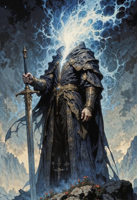 a mysterious figure standing in a dramatic pose. The figure is clad in an intricately detailed, dark, flowing robe with ornate patterns, suggesting a medieval or mystical theme. The most striking feature is the absence of a head, replaced by a swirling, ethereal mass of blue and white energy, resembling a nebula or cosmic cloud. This energy emits a soft glow, contrasting with the darker tones of the robe. The figure holds a long, gleaming sword in its right hand, the blade reflecting the ambient light. The background is a misty, otherworldly landscape with distant mountains and a starry sky, enhancing the mystical atmosphere. Small red flowers dot the ground, adding a touch of color to the otherwise muted palette. The overall composition conveys a sense of mystery and power, with a focus on the supernatural elements of the character.