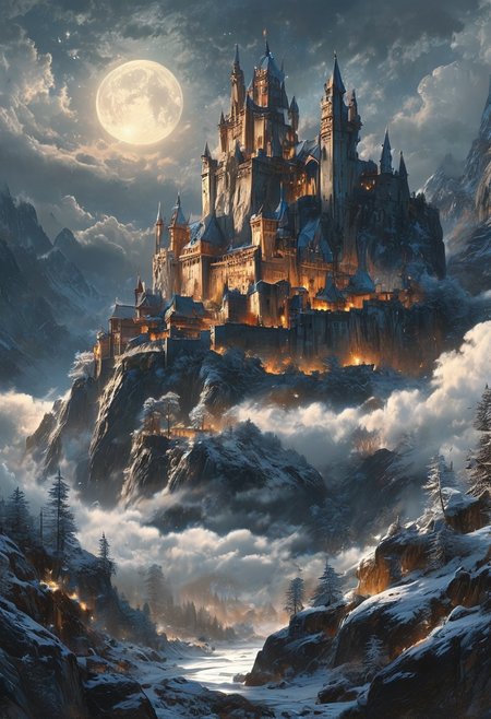 A captivating night scene illustration featuring a grand yet comfortable fortified castle  standing tall on a rocky and snowy mountain. The castle, adorned with multiple windows, emits a warm glow, highlighting its intricate architecture and rich history. The snow mountain is covered in great pine trees, reflecting on the calm, moonlit snow  that mirrors the silvery moonlight. The full moon graces the sky, casting an ethereal glow on the clouds and mountain, while wispy clouds partially obscure its brilliance, adding to the scene's mystique. Twinkling stars dot the sky, creating a celestial tapestry that harmonizes with the moon's radiance. This enchanting artwork captures a serene and peaceful night, where the illuminated castle  stands resolute amidst the celestial beauty, creating a cinematic experience., illustration, cinematic
<lora:DonM3t3rn1tyXL-v1.1:0.7>, DonM3t3rn1tyXL,
OverallDetailXL  <lora:MJ52:0.3>  <lora:SDXLFaeTastic2400:0.4>  <lora:EpicF4nta5yXL:0.7>
