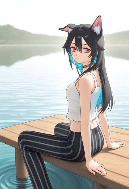 1girl, solo, gumpai, animal ears, pink eyes, single ear down, animal ear fluff, black hair, long hair, hair between eyes, multicolored hair, blue hair, colored inner hair, single ear down, rope choker, choker, white shirt, sleeveless shirt, navel, midriff, black pants, striped pants, vertical-striped pants, sitting on dock, looking back, from behind, soft smile, content expression, lake background, calm weather, gentle ripples, outdoor scenery, serene mood, natural lighting, <lora:Character_Gumpai:0.9>