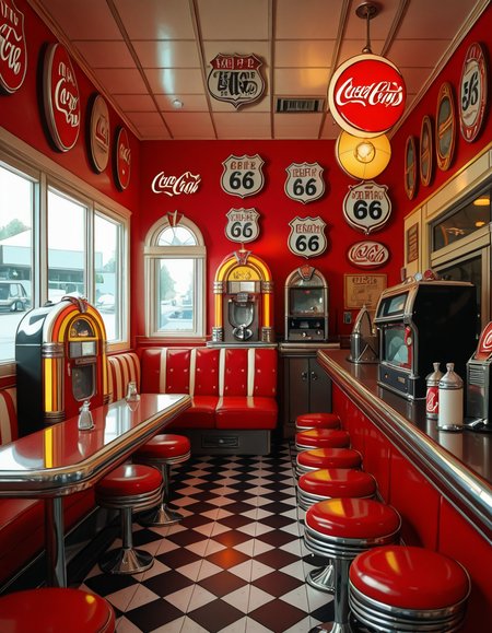 A classic 1950s American diner with a nostalgic retro atmosphere. The interior features red and white leather booth seating, chrome-trimmed tables, and a long counter with matching red barstools. A vintage jukebox with colorful neon lights stands against the wall, ready to play rock 'n' roll hits. The checkered black-and-white floor contrasts with pastel-colored walls adorned with Coca-Cola signs, Route 66 memorabilia, and classic diner menus. A row of shiny chrome napkin dispensers and glass salt and pepper shakers sit neatly on the tables. A milkshake machine and an old-fashioned soda fountain rest behind the counter, next to a vintage cash register. Large windows let in soft daylight, reflecting off the gleaming surfaces, creating a warm and inviting retro ambiance.
<lora:SDXLFaeTastic2400:0.4> <lora:extremely_detailed:0.4> extremely detailed,1950s American d1n3r, <lora:1950s_American_d1n3r-i:1>, Masterpiece,best quality,hi res,8k,hi res,8k,award winning,(sharp focus, intricate, highly detailed),
