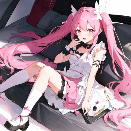chiyoura chiyomi,solo,1girl,<lora:chiyoura chiyomi:0.7>,twin tail,long hair,pink hair,pink dress,ruffled skirt