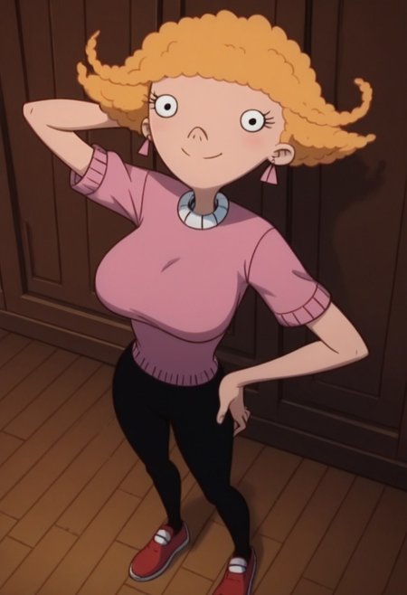 ((room background)),score_9, score_8_up, score_7_up,score_6_up, (detailed face and eyes:1) 
1girl, Solo, SuzieK_HA, light skin, black eyes, blonde hair, medium fluffy hair, pink triangular earrings, pink short sleeve sweater with white collar, black tight pants, red flat shoes, cute, tall, social smile, perfect eyes, perfect smile, looking at the viewer, detailed eyes, perfect eyes, standing, big breasts (front pose, front view, full body shot, high angle view:1) five fingers, perfect hands, (one hand on hip, one hand behind head)