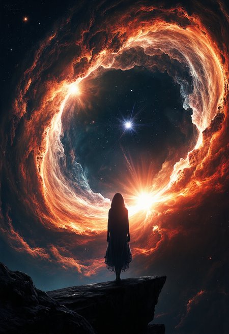 In the midst of a vast, endless cosmic nebula where time and space seem to fold into one another, a singular figure emerges. A woman with sharp, angular features, standing on the edge of a universe that curves infinitely. Her freckles glisten across her skin like the remnants of a dying star, each one a miniature sun burning in hues of red, orange, yellow, white, and blue. Her eyes, glowing with the raw energy of a supernova, cast light that dances across the void. Her lips, as red as molten magma, contrast with the darkness, while her hair, composed of fine cosmic filaments, spirals out like delicate strands of universal matter, tethering her to the very fabric of existence.  <lora:dark_fantasy_flux:0.8>  <lora:Flux_spirals_of_light:0.8> <lora:MidjourneyV6.1:0.8> midjourneyv6.1
