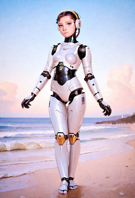 masterpiece,best quality,amazing quality ,1girl,18yo,solo,breasts,blue eyes,outdoors,sky,day,cloud,ocean,beach,robot,science fiction,android,cable,joints,robot joints,mechanical parts,humanoid robot,woman robot,A photo-realistic shoot from the front about a humanoid robot standing on a beach with a clear blue sky and ocean in the background.the image also shows a solo female robot,standing in the middle of the image,facing the viewer with her blue eyes looking directly at the viewer.the robot has a sleek,metallic white body with black wires attached to it,giving it a futuristic appearance.it has a smooth,polished appearance and is wearing no clothing,no pants,no shoes,and no accessory.the woman has a slender build and is barefoot,with her arms at her sides.the background features a clear sky with fluffy white clouds and the ocean,with a small island in the distance.