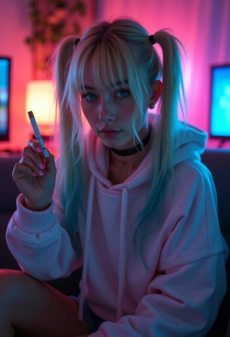 A stunningly sexy photo of a 25-year-old girl with enchanting green eyes and long blonde hair accented by vibrant blue streaks, styled in playful twintails with soft bangs partially covering one eye. She sits comfortably in her cozy room, lit by a mix of warm ambient lighting and vibrant neon hues from her gaming setup, creating a dreamy and immersive atmosphere.
Her outfit features an oversized pastel hoodie that casually drapes off one shoulder, paired with dolphin shorts, revealing her bare legs, adding a touch of effortless beauty. She wears a simple black choker that complements her edgy, gamer aesthetic. Her expression is subtle and indifferent, yet hints at a cheeky, confident charm, holding a cigarette lightly in her hand.
The room is filled with soft shadows and light reflections, creating depth and intimacy. Carefully crafted framing captures her relaxed posture from a slightly low angle, emphasizing her natural allure and drawing the viewer into her personal world. The glow of the gaming setup contrasts delicately with her serene features, highlighting every detail, making her an unforgettable and captivating character.