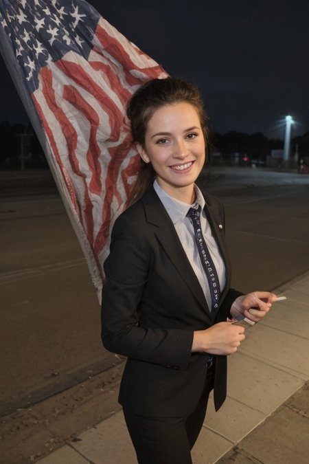 30yo American woman wearing bussiness suit with an American pin on chest.
Holding a flag.
Dark black smooth long hair ponytail. smiling.
Looking at camera.
Dynamic varying pose.
Outside bussiness. Night time,  
Night time, dark.
