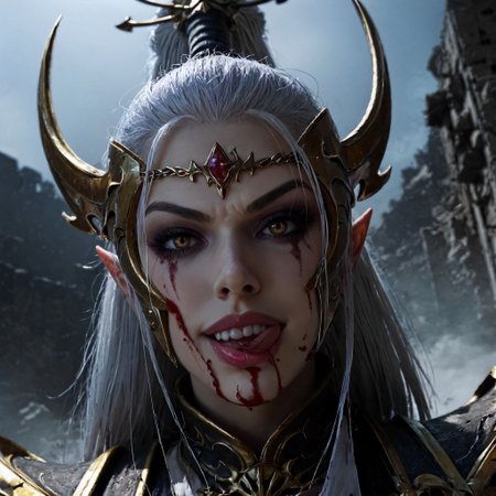 (score_9, score_8_up, score_7_up),
BREAK
gothic architecture, explosion, rubble, dark, grim, fog,
BREAK
dutch angle, close-up, DreadLord, elf, woman, solo, pale gray skin, white hair, helmet, mask, evil grin, head tilt, blood on face, licking blood from lips,
<lora:Bad_Hands_lora:0.8> <lora:add-detail-xl:0.8> <lora:Expressive_H:0.8>  <lora:Dark_Elf_Dreadlord_PonyXL_Total_War_Warhammer:0.8>