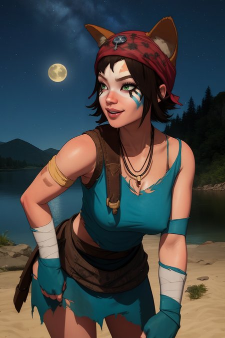 Kai,black hair,short hair,green eyes,facepaint,brown hair,
jewelry,necklace,fingerless gloves,bandages,bandana,torn clothes,cat ear bandana,shoulder tattoos,
standing,upper body,smile,covered nipples,leaning forward,
night,battlefield,lake,cleavage,
(insanely detailed, beautiful detailed face, masterpiece, best quality),<lora:Kai-11HS:0.8>,