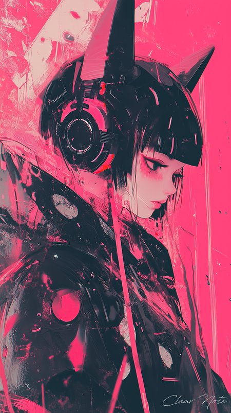 Japanese anime art style, retro futurism, A girl in a cute kimono is looking at me, Cat ears, Futuristic, Cyberpunk, headphone
