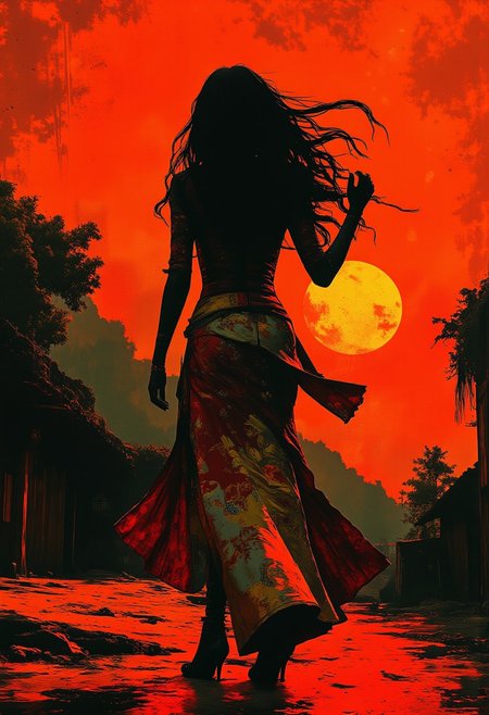 midjourney_whisper_avant_couture, Silhouette Art, breathtaking detailed, masterpiece, awe-inspiring, radiant, magnificent, stunning oriental woman, long hair, gold and red cheongsam, viewed from behind, looking back at viewer