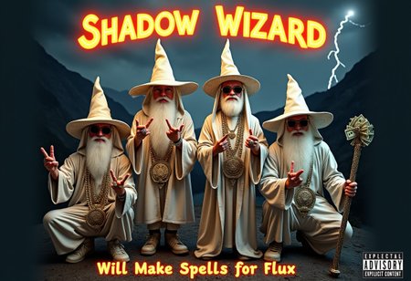 A semi-realistic image of 4 white wizards posing like they’re on a rap album cover. Two are standing, wearing unique wizard hats, while the other two are squatting with different styles of hoods covering their faces. Each wizard wears different flashy outfits with over-the-top bling—huge gold chains, rings, and sunglasses. Making gang signs. Two of the wizards are casting luminous spells. One wizard holds a glowing staff, another flashes stacks of hundred-dollar bills. The background is a gritty, mountain setting. lightning in the sky, perfect for a rap album cover. 'Shadow Wizard Money Gang' is spelled out in bold, glowing letters at the top, with 'Will Make Spells for Flux' at the bottom. An 'Explicit Content' logo is in the corner