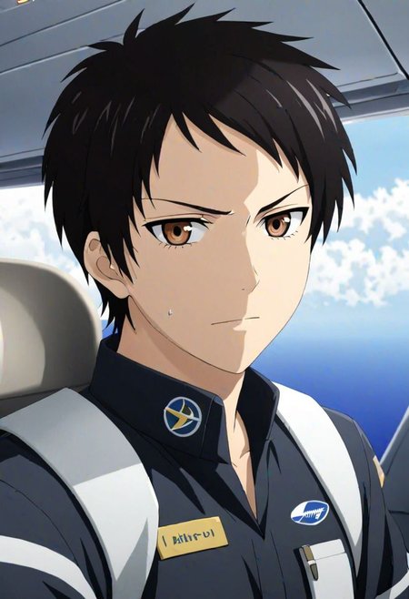 sasuke tsubaki, 1boy, male focus, Black Hair, Brown Eyes, Pilot, Comercial Airplane, Boeing