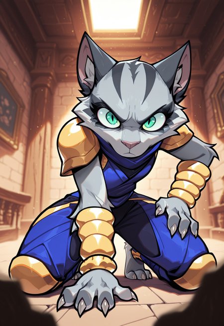 masterpiece, best quality, good quality, very awa, newest, highres, absurdres, highres, very aesthetic, (furry:1.5), fur, fur covered, (no humans:1.3). LeIsT0_illu, CuteToon_ST, HBKeenieILL,
BREAK,
1girl, solo, furry anthro, cute, large expressive eyes, asuri_brawlhalla, felid, body fur, fur, clothing, hi res, looking at viewer, claws, armor, jewelry, bracelet, scarf, crouched, on knees, hand on hip, hand on thigh, 
BREAK, indoors, high contrast lighting, complementary colors, dynamic lighting, harsh light, depth of field, detailed background, evocative composition, dynamic contrasts
