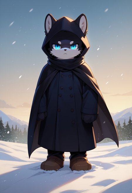 score_9, score_8_up, score_7_up, best quality, masterpiece, 4k, perfect lighting, very aesthetic, anime, anime coloring, official art, anime screencap,
OverallDetail, fFaceDetai,
1boy, furry, solo, front view, snow, snowstorm, expressionless, standing on snowfield, hills, in a meadow, in winter, 
 <lora:fallkick1:1> fallkick(blue eyes, black fur, no hair, black belly, black cape),