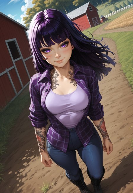 safe_pos, (score_9, score_8_up, score_7_up), 
(dutch angle, upper body:1.4),
1girl, solo, black hair, detailed eyes, purple eyes, long hair,  straight bangs, medium breasts, (goth, wide hips:1.1),  eyeshadow, jeans,  hime cut, (rolled up sleeves:1.2),
(tattoo, tattooed arm, flannel shirt, unbuttoned, purple shirt, white tanktop:1.2), nature, outdoors, farm, blush, wind, windy hair, (full body shot, boots), from above, (smug:1.3)