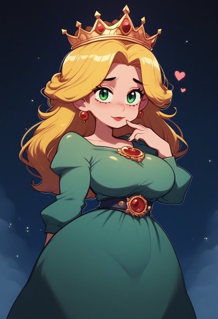 1girl, solo, <lora:Queen ElinorPDXL_v1:1>Queen ElinorPDXL, green dress, crown, milf, mature woman,, <lora:J_cartoon:1> j_cartoon<lora:Expressive_H:0.8> ExpressiveH<lora:CitronAnimeTreasure:0.3><lora:LunarCAT_Style:0.3> score_9, score_8_up, score_7_up,