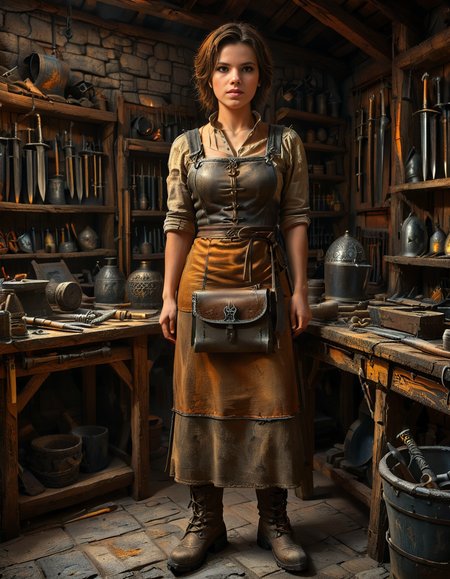looking at viewer,(A strong and elegant female,1girl,short brown hair,medium breasts:1.3), blacksmith standing confidently in her medieval forge shop,medieval f0rg3 sh0p. She has a determined expression on her face, with soot and ash lightly marking her skin. She is wearing a thick leather apron with scorch marks, a rolled-up linen shirt underneath, and sturdy boots. Her muscular arms are visible, showing the strength of her craft. The background shows a dimly lit, rustic workshop filled with medieval tools: an anvil, a glowing furnace, hanging tongs, and shelves lined with metallic objects like swords and horseshoes. The warm orange glow of the fire contrasts beautifully with the dark, shadowy corners of the shop. The atmosphere is filled with details of realism, evoking a sense of hard work and medieval craftsmanship.<lora:SDXLFaeTastic2400:0.4> <lora:extremely_detailed:0.4> extremely detailed, <lora:medieval_f0rg3_sh0p:1>, Masterpiece,best quality,hi res,8k,hi res,8k,award winning,(sharp focus, intricate, highly detailed),
