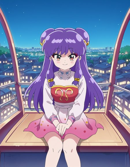 score_9, score_8_up, score_7_up, source_anime, <lora:shampoo-s1-ponyxl-lora-nochekaiser:1>, shampoo, shampoo (ranma 1/2), long hair, hair ornament, red eyes, purple hair, hair bun, double bun, medium breasts, anime screencap,, <lora:ferris-wheel-interior-ponyxl-lora-nochekaiser:1>, ferris wheel interior, ferris wheel, gondola, cityscape, amusement park, city lights, night, fireworks, aeriel firworks, night sky, city, skyline, sky,, sitting, smile, blush, looking at viewer,,