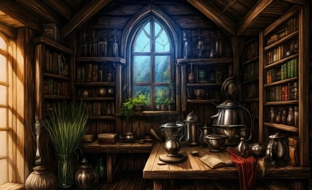 medieval, interior, medieval interior, wooden interior, table, chair, big black cauldron, shelves, books, scrolls, window covered with thin see-through animal hides, (jars filled with mysterious ingredients for brewing potions with:0.6), herbs, a small pestle and mortar, 
HD, very detailed, ambient lighting,
<lora:more_details:1> <lora:Bloodborne:0.25> ,   <lora:FantasyInteriors:0.4> fanint <lora:FantasyStudy:0.4> fanstu