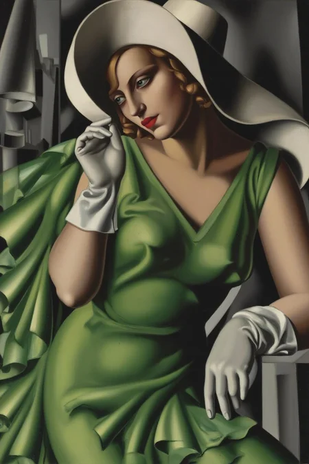 tamaradelempicka1 painting.
Portrait of a woman in a green dress with flowing, textured fabric, a wide-brimmed white hat, and white gloves. She is turning her head slightly to the left and holding the hat with her hand. The background consists of geometric gray and black shapes. <lora:tamaradelempicka1_cap_d8a4:1.0><lora:863949271907444340:0>
