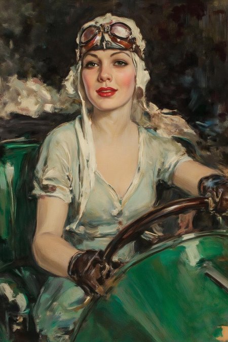 howardchandlerchristy1 illustration.
tamaradelempicka1. A woman in a white headscarf is seated in the driver's seat of a green car. She wears a vintage aviator leather skull cap. Her eyes are intense, and her lips are red. Her gloved hand is on the wheel. The background is abstract with dark and light shades. 
 <lora:howardchandlerchristy1_d8a4e11:1.0><lora:865854497925107764:0>