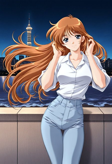 masterpiece, best quality, newest, highres, uncensored, 1girl, yokota mamoru style,1girl, slender face，motion lines, ,Kobayakawa_Mizuho, blue eyes, very long hair, orange hair, bangs, breasts,Brown Hair , Waist Length hair, Blue Eyes,1990s (style),
Hong Kong, Victoria Harbour, high-rise buildings, seaside, distant view, sea breeze, wearing business clothes, jeans, smiling, floating hair, hands in the ear, touching hair, night