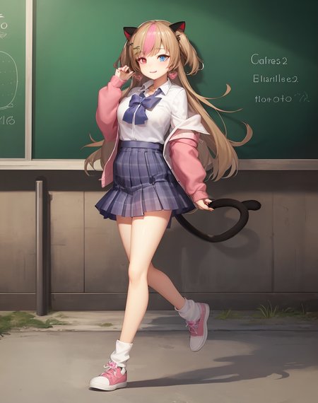 (extremely detailed CG unity 8k wallpaper),(masterpiece), (best quality), (ultra-detailed), (best illustration),(best shadow), (sharp eyeliner, eyeshadow, detailed eyes:1.1), classroom, window
,BREAK
(mk23school:1.2), cat tail, jingle bell, smile, hearts, off shoulder, full body, walking, loose socks
 <lora:Mk23:.8>