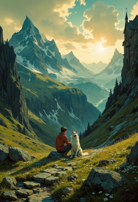 8k high quality digital painting , masterpiece, very detailed, ultra realistic, (best quality) very detailed epic masterpiece, 
unearthly beautiful, a breathtakingly beautiful landscape in the French Alps, in the foreground a little boy is sitting with his dog on a path to a small mountain hut, the low yellow-red sun casts long shadows, enchanting landscape, fairytale-like, calm mood, flowers in the foreground, realistic