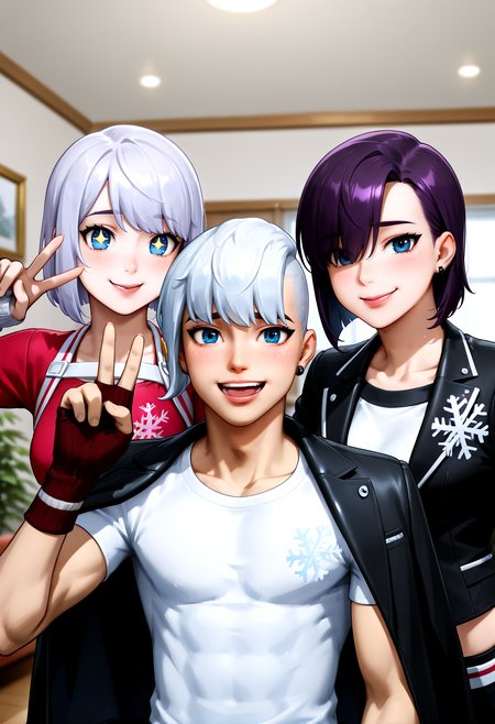 IllustriousQual <lora:StS-Illustrious-Detail-Slider-v1.0:2> <lora:cfg_scale_boost:0.3> <lora:Frosted_Flurry_IL_-_V1:0.8> FrostedFlurryIL, female, white hair, blue eyes, holiday outfit, snowflake-themed, buzz cut, short hair, fingerless glove,detailed_background,indoors,dress shirt,:d,closed mouth,black jacket,multiple boys,purple hair,earrings,hair over one eye,hand up,v,open mouth,nagao kei,3boys,highres,ninahachi,+ +,jacket on shoulders,jacket,hand on another&