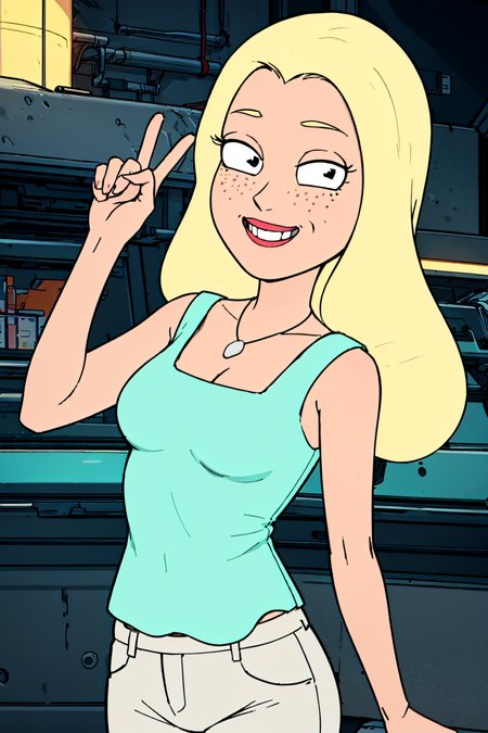 diane, 1girl, blonde hair, solo, freckles, long hair, necklace, cleavage, aqua shirt, upper body, smile,looking at viewer, smile,sleeveless, pants, high heels,   <lora:Diane(Rick&Morty)2.0-000008:0.7>