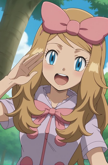 score_9, score_8_up, score_7_up, source anime, anime, animification, anime screencap, anime coloring, vivid colors, shiny skin, skindentation, deep skin, depth of field, high quality, highres, (dynamic angle,dynamic pose),
serenapajamas, 1girl, solo, long hair, smile, open mouth, blue eyes, half-closed eyes,blonde hair, bow, upper body, short sleeves, yawning, hair bow, outdoors, sky, tongue, cloud, hand up, hood, tree, eyelashes, pink bow, anime coloring, serena \(pokemon\)
BREAK
masterpiece,high quality
 <lora:Serena_Pajamas_XL:0.9>