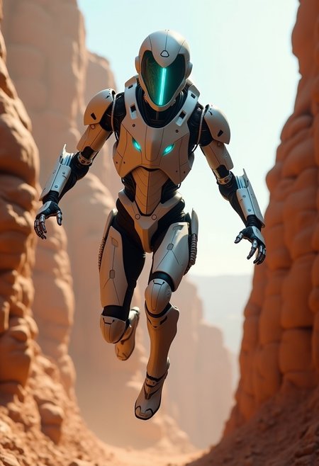 "An advanced sci-fi exoskeleton suit, light grey in color, captured from below as the wearer leaps over a deep canyon in a rugged, orange rocky landscape. The exosuit's turquoise-shining visor glows brightly, illuminating the dynamic motion. The sleek frame of the exoskeleton is highlighted against the backdrop of the open sky, its smooth armor plates reflecting the ambient light. Small integrated compartments are visible along the limbs, adding to the futuristic design. The perspective emphasizes the dramatic height and scale of the jump, with the rocky canyon walls looming below. The scene is highly detailed, gritty, with a cinematic backlight that enhances the tension and movement, giving a sense of scale and depth to the leap."
scifi robot
Midjourney_Whisper
The lighting enhances her features, creating a soft interplay of light and shadow, while the high-resolution quality captures every detail with photorealistic clarity