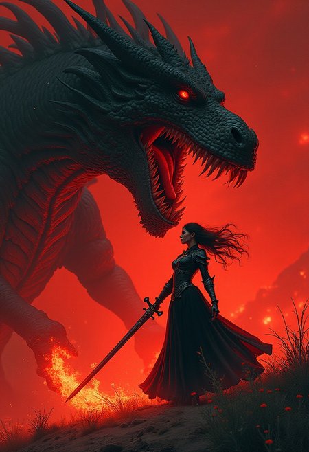 Beautiful female vampire knight slaying a gigant dragon with fiery sword piercing its belly with fiery sword, epic scene, woman triumphs over dragon, legendary image, high fantasy, horror 
 • overlay red, high contrast, deep shadows, surreal, creepy ultra detailed, lyrical, darkness, things, suspenseful. 
• high red contrast, deep red shadows, red landscape surreal. scifi, film grain texture noise ,analog photography aesthetic. 