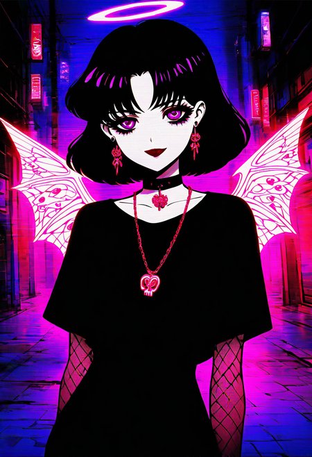 (masterpiece, best quality, good quality, very aesthetic, absurdres),    1girl, solo, eyelashes, (beautiful eyes),   pink neon, goth,  red hair, curvy, glowing, cowboy shot, city, neon, fishnets, cyberwings, (glitch), torn clothes, horns, halo, 1girl, solo, looking at viewer, smile, short hair, bangs, shirt, black hair, jewelry, closed mouth, purple eyes, earrings, choker, necklace, parted bangs, black shirt, black choker, lipstick, portrait, red lips, anime coloring, tomoe hotaru, looking at viewer, short hair, black hair, closed mouth, purple eyes, parted bangs, black shirt, black choker, red lips, anime coloring, tomoe hotaru ,<lora:GothRetroNAI:1.0>,