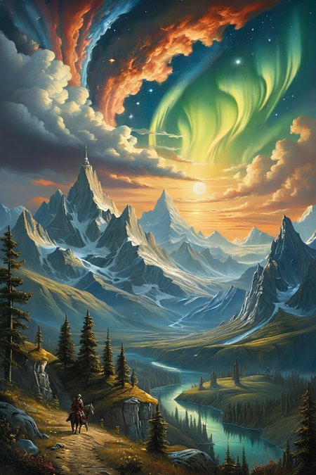 Baroque, Baroque, landscape,creator landscape,celestial mountain ranges piercing stratospheric clouds illuminated by aurora borealis fractals, geological time scales materializing through glacial erosion patterns under skies where dark matter constellations pulse rhythmically,
<lora:clear:0.15> style of Michael Cheval.
<lora:greg_rutkowski_xl_2:0.3> greg rutkowski,
 clear <lora:tbh129-sdxl:0.3>,
<lora:extremely_detailed:0.7> extremely detailed ,
<lora:add-detail-xl:0.7>,, Fantasy painting art style, imaginative, dynamic composition, professional-grade execution, creates immersive world and landscape, painterly, epic, magical, dramatic, exuberant, grandeur, baroque art, oil painting art style from Renaissance period, masterful composition, Renaissance mood, renaissance oil painting, brush strokes, dramatic, exuberant, grandeur, baroque art