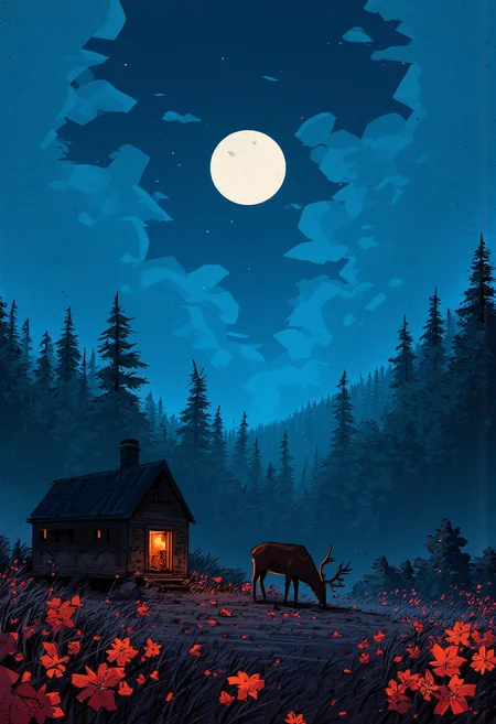 A deer grazing illuminated by the full moon grazing in the foreground of a lone cabin in the Blue Mist Mountain, colorful glowing flowers scatter the field, colorful scenery, vibrant glow, By Alex Vede, illustration