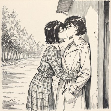(masterpiece, newest, high quality, best quality, very awa, very aesthetic, sketch, traditional media, monochrome), Esoper_style, 2girls, kissing, yuri, 1girl, short hair, dark hair, overcoat, 1girl, bob hair, bangs, leaning against wall, plaid dress, outdoors, depth of field, 8k uhd, absurdres, tack sharp focus, beautiful composition, professional illustration