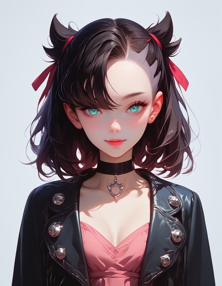 zPDXLxxx, Expressiveh, 

Marnie_(Pokemon), aqua eyes, black choker, red ribbon, pink dress, jewelry, black jacket, open clothes, long sleeves, black hair,

small breasts, natural sagging breasts,

score_9, score_8_up, score_7_up,score_6_up,

highres, high quality, perfection, masterpiece, detailed, source_anime, simple white background, 1girl, solo, front view portrait, face focus, intricate features, beautiful, girl, young adult, youthful, petite body, detailed face, beautiful face, innocent face, eyelashes, perfect eyes, detailed eyes, medium breasts, clothed, standing, smiling, looking at viewer,