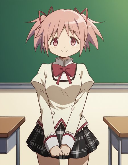 score_9, score_8_up, score_7_up, source_anime, <lora:madoka-kaname-s1-ponyxl-lora-nochekaiser:1>, madoka kaname, short hair, ribbon, twintails, hair ribbon, pink hair, pink eyes, short twintails,, skirt, school uniform, mitakihara school uniform, puffy sleeves, plaid skirt, pleated skirt, bowtie, red bowtie, classroom, desks, chalkboard, students, teacher, smile, v, v over mouth, smug,, looking at viewer, solo,, dutch angle, cowboy shot