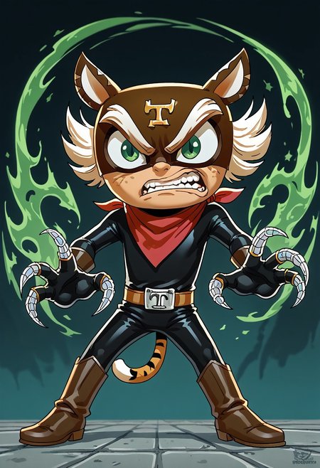 score_9, score_8_up, score_7_up, CuteCartoonStyle, 1boy, solo, male focus, El_Tigre, Mask, Green Eyes, white sideburns, Freckles, Cat Ears, Black Bodysuit, belt buckle, brown boots, Red Bandana around neck, black Gloves, tail, claws, green aura, angry,