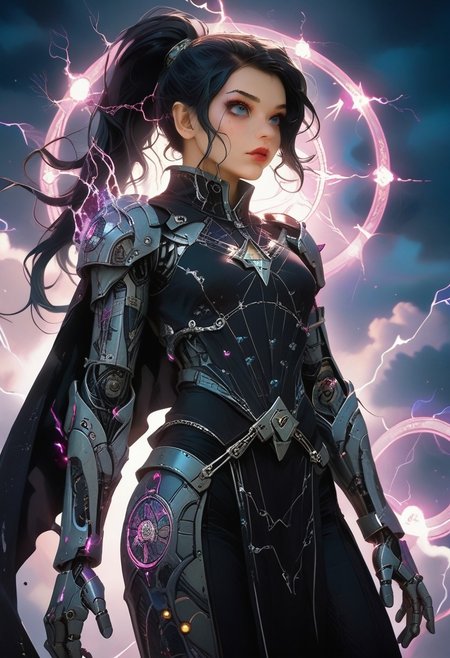 high res, beautiful, colorful, vibrant colors, cinematic lighting, beautiful face, beautiful eyes, 
1girl, solo, ArielWaifu, ((black hair:1.2), (long ponytail:1.1)), heavy makeup, hud_wrlck, fishnets, black lips, black dress, pelvic curtain, cape, cyborg hands, boots,
(sea:0.8), (floating midair:1.2), surrounded by colorful magic, storm, dark clouds, lightning, low view engle, style-nebmagic, view from afar, magic circle, magic circles, magic array