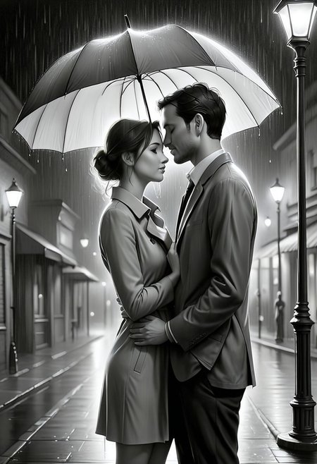 Jed-Pen,
A couple stands close under a shared umbrella, their foreheads touching as rain drips down its edges. The soft, diffused glow of street lamps surrounds them, turning the moment into an intimate embrace against the storm.