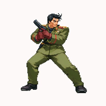 CapcomVsSnk,, white background,,
1boy, balck hair, scar on face, military uniform, gloves, handgun,, looking at away, dynamic pose, full body, fighting stance,
 <lora:ACapVSsnk_Style:1.2>, pixel art,
