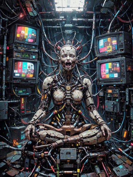 A haunting cyberpunk scene features a cyborg monk seated cross-legged in deep meditation as if he has remained motionless for centuries. His body is a fusion of corroded metal and decaying synthetic flesh, with exposed mechanical joints and wires snaking from his spine and limbs into the dark, industrial walls around him. His weathered face is expressionless, metallic skin. Surrounding the monk are stacks of old CRT televisions, each screen displaying the iconic color test pattern — vibrant bands of red, green, blue, cyan, magenta, and yellow flickering unevenly, as if on the verge of failure. The TVs emit a distorted hum, their static crackling faintly in the background. Some screens glitch, stuttering with pixelated distortions, while others burn with sharp static lines.