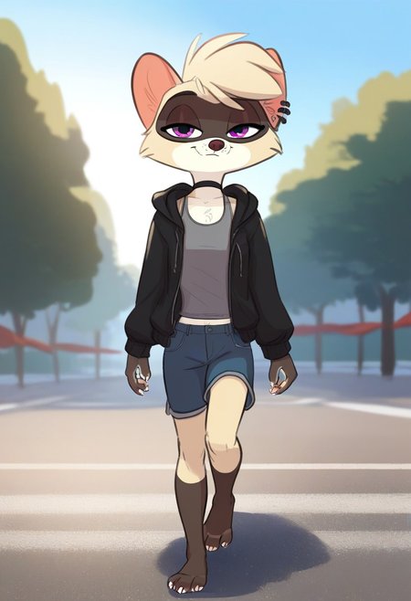 score_9, score_8_up, score_7_up, zPDXL3, SirocStyle, Expressiveh, masterpiece, highly detailed
outdoors, parking lot, grey sky
brookeSiroc, female ferret, purple eyes, ear piercing, short hair, two-tone fur, tan fur, hoodie, open hoodie, ear piercing, choker, tank top, shorts
front view. narrowed eyes, upper body, walking, looking at viewer, naughty face, full body view