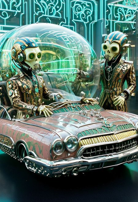 An incredible award winning experimental cinematic still, Three brave men with bell jars for gigantic heads, they have huge freakish eyes, wearing delightful stylish jumpsuits by Gucci, posing in front of a stylish futuristic lowrider hoover car with etched uranium glass windows, 1970s science fiction, dramatic cinematic moody lighting, full soft offset printing, psychedelic trip, cursed image, masterpiece, museum quality, Robert Rauschenberg rococo Style, RococoPunkAI